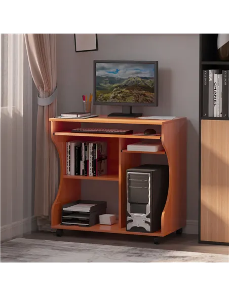 HOMCOM Multi-Storage Compact Work Desk, with Wheels - Cherry Wood Colour