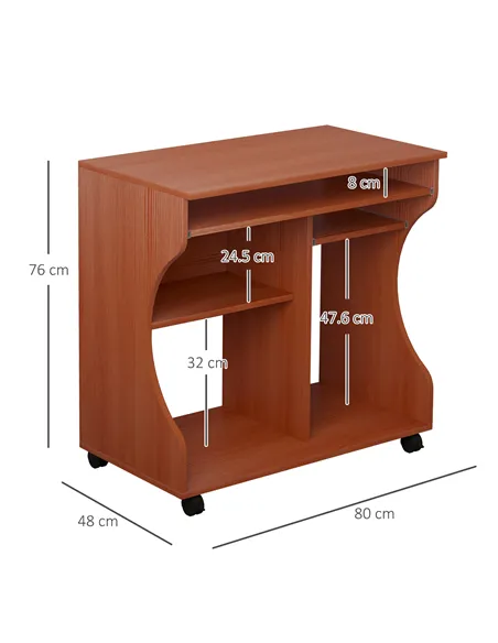 HOMCOM Multi-Storage Compact Work Desk, with Wheels - Cherry Wood Colour