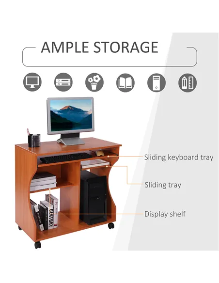 HOMCOM Multi-Storage Compact Work Desk, with Wheels - Cherry Wood Colour