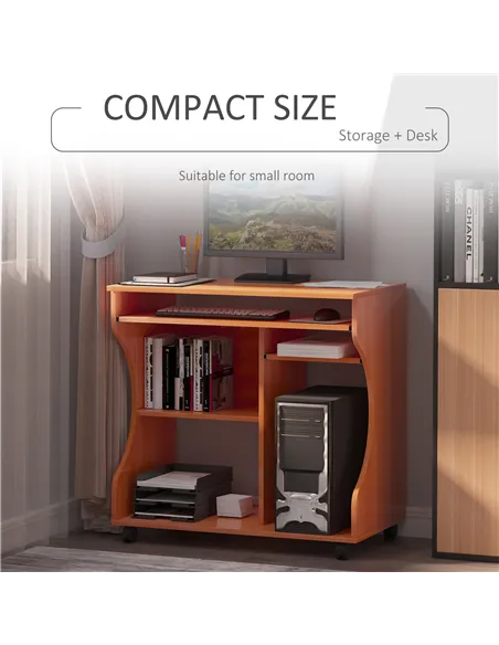 HOMCOM Multi-Storage Compact Work Desk, with Wheels - Cherry Wood Colour