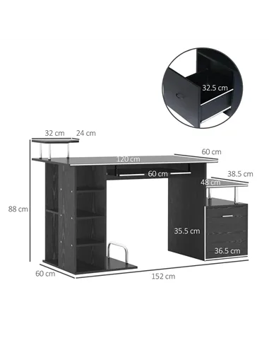 HOMCOM Computer Desk PC Workstation with Drawer Shelves CPU Storage Rack Home Office Furniture 152 x 60 x 88cm (BLACK)