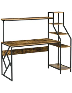 HOMCOM Computer Desk with Bookshelf, Industrial Writing Table with 6 Tier Storage Shelves for Home Office, Bedroom, Study, 150 x