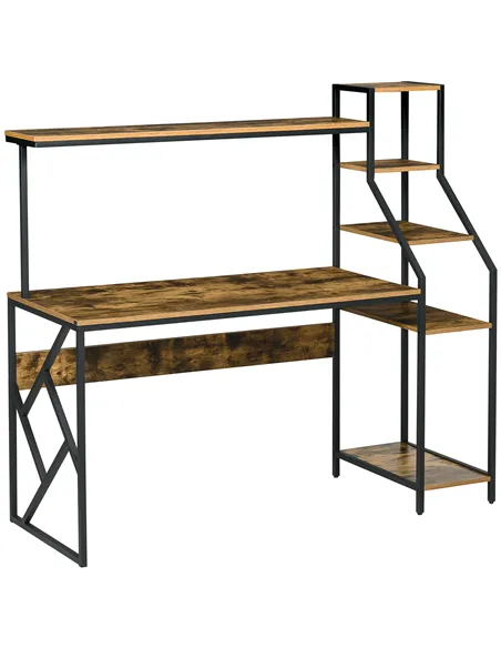 HOMCOM Computer Desk with Bookshelf, Industrial Writing Table with 6 Tier Storage Shelves for Home Office, Bedroom, Study, 150 x