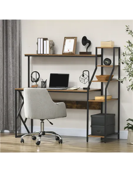 HOMCOM Computer Desk with Bookshelf, Industrial Writing Table with 6 Tier Storage Shelves for Home Office, Bedroom, Study, 150 x