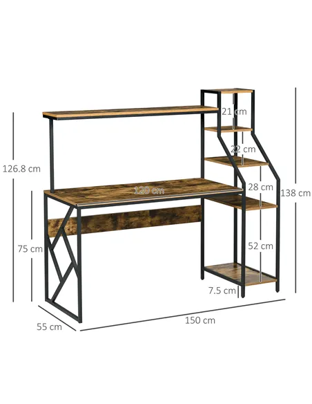 HOMCOM Computer Desk with Bookshelf, Industrial Writing Table with 6 Tier Storage Shelves for Home Office, Bedroom, Study, 150 x