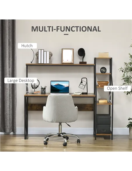 HOMCOM Computer Desk with Bookshelf, Industrial Writing Table with 6 Tier Storage Shelves for Home Office, Bedroom, Study, 150 x