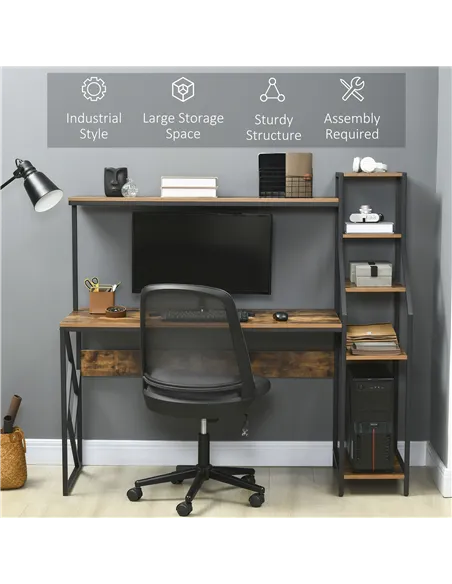 HOMCOM Computer Desk with Bookshelf, Industrial Writing Table with 6 Tier Storage Shelves for Home Office, Bedroom, Study, 150 x
