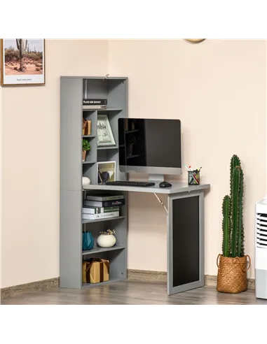 HOMCOM Folding Convertible Desk with Blackboard Multi-function Computer Office Workstation Side Shelf for Home Office, Grey