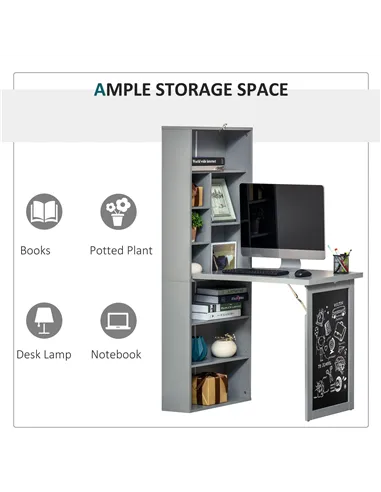 HOMCOM Folding Convertible Desk with Blackboard Multi-function Computer Office Workstation Side Shelf for Home Office, Grey