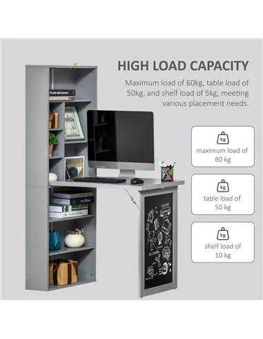 HOMCOM Folding Convertible Desk with Blackboard Multi-function Computer Office Workstation Side Shelf for Home Office, Grey