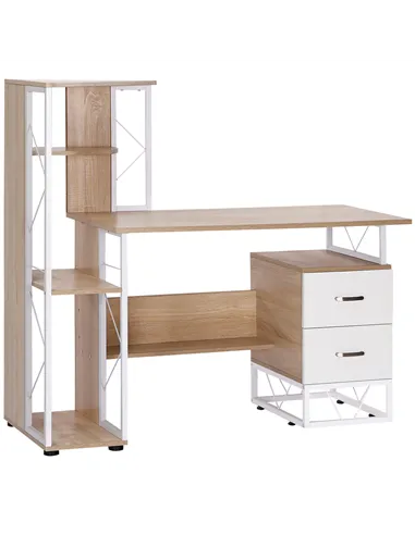 HOMCOM Computer Desk with Drawers and Bookshelf, Writing Desk for Home Office with Storage Shelves, Study Workstation, Oak