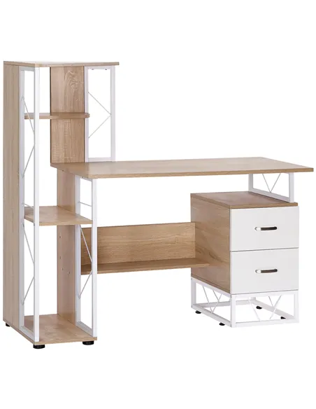 HOMCOM Computer Desk with Drawers and Bookshelf, Writing Desk for Home Office with Storage Shelves, Study Workstation, Oak