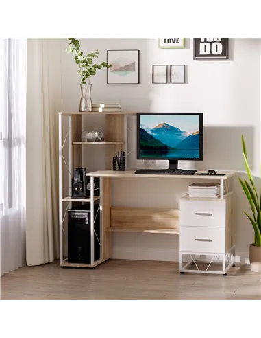 HOMCOM Computer Desk with Drawers and Bookshelf, Writing Desk for Home Office with Storage Shelves, Study Workstation, Oak