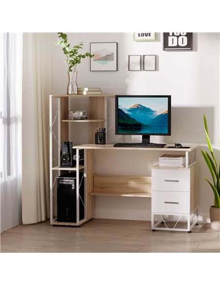 HOMCOM Computer Desk with Drawers and Bookshelf, Writing Desk for Home Office with Storage Shelves, Study Workstation, Oak