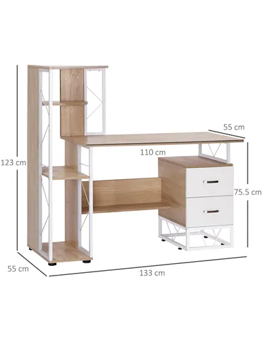 HOMCOM Computer Desk with Drawers and Bookshelf, Writing Desk for Home Office with Storage Shelves, Study Workstation, Oak