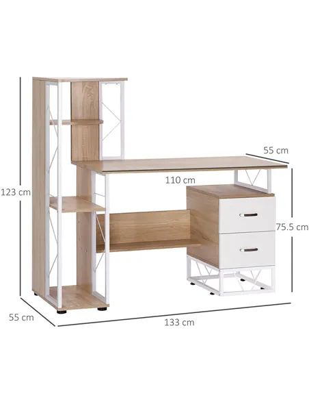 HOMCOM Computer Desk with Drawers and Bookshelf, Writing Desk for Home Office with Storage Shelves, Study Workstation, Oak