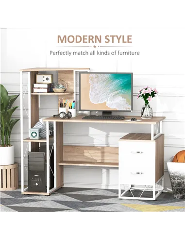 HOMCOM Computer Desk with Drawers and Bookshelf, Writing Desk for Home Office with Storage Shelves, Study Workstation, Oak