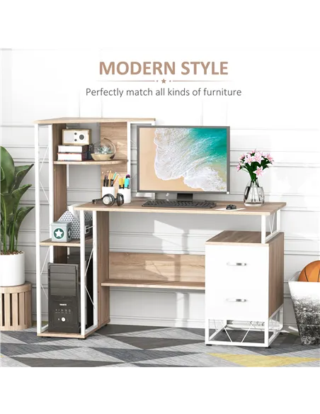 HOMCOM Computer Desk with Drawers and Bookshelf, Writing Desk for Home Office with Storage Shelves, Study Workstation, Oak