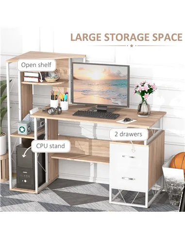 HOMCOM Computer Desk with Drawers and Bookshelf, Writing Desk for Home Office with Storage Shelves, Study Workstation, Oak
