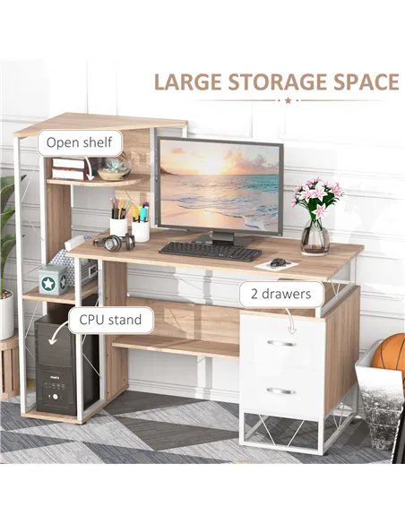 HOMCOM Computer Desk with Drawers and Bookshelf, Writing Desk for Home Office with Storage Shelves, Study Workstation, Oak
