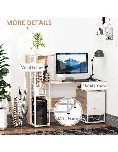 HOMCOM Computer Desk with Drawers and Bookshelf, Writing Desk for Home Office with Storage Shelves, Study Workstation, Oak