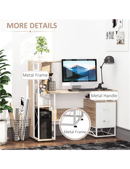 HOMCOM Computer Desk with Drawers and Bookshelf, Writing Desk for Home Office with Storage Shelves, Study Workstation, Oak