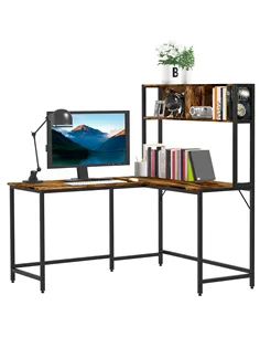 HOMCOM L Shaped Desk with Book Shelf, Industrial Corner Computer Desk, Writing Table with Steel Frame for Home Office, Bedroom, 