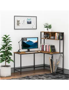 HOMCOM L Shaped Desk with Book Shelf, Industrial Corner Computer Desk, Writing Table with Steel Frame for Home Office, Bedroom,  2