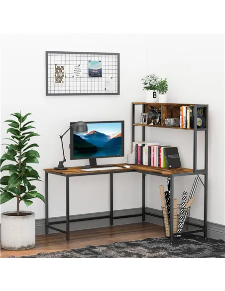 HOMCOM L Shaped Desk with Book Shelf, Industrial Corner Computer Desk, Writing Table with Steel Frame for Home Office, Bedroom, 