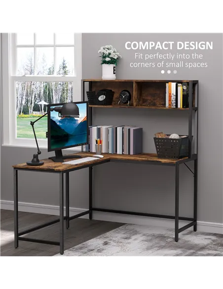 HOMCOM L Shaped Desk with Book Shelf, Industrial Corner Computer Desk, Writing Table with Steel Frame for Home Office, Bedroom, 