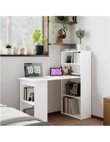 HOMCOM 120cm Computer Desk, Wooden PC Laptop Table with 6-Tier Storage Bookshelves, Home Office Working Study Desk, Writing Work