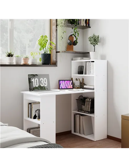 HOMCOM 120cm Computer Desk, Wooden PC Laptop Table with 6-Tier Storage Bookshelves, Home Office Working Study Desk, Writing Work