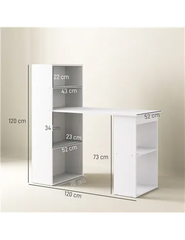 HOMCOM 120cm Computer Desk, Wooden PC Laptop Table with 6-Tier Storage Bookshelves, Home Office Working Study Desk, Writing Work