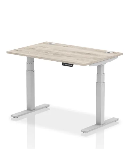 Dynamic Air 1200 x 800mm Height Adjustable Office Desk Grey Oak Top Cable Ports Silver Leg HA01169