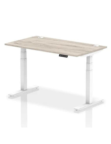Dynamic Air 1400 x 800mm Height Adjustable Office Desk Grey Oak Top Cable Ports White Leg HA01172