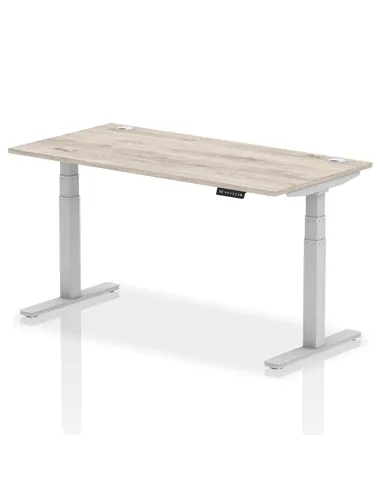 Dynamic Air 1600 x 800mm Height Adjustable Office Desk Grey Oak Top Cable Ports Silver Leg HA01173