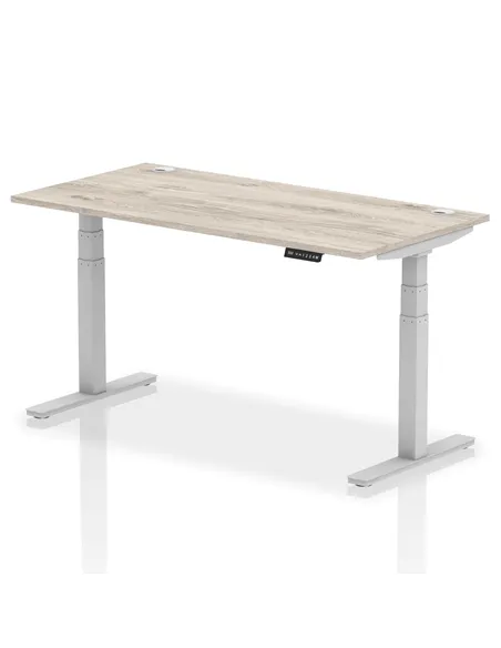 Dynamic Air 1600 x 800mm Height Adjustable Office Desk Grey Oak Top Cable Ports Silver Leg HA01173