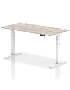 Dynamic Air 1600 x 800mm Height Adjustable Office Desk Grey Oak Top Cable Ports White Leg HA01174