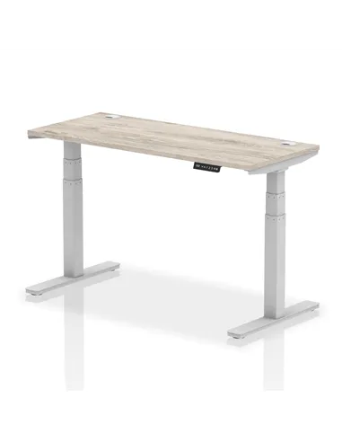 Dynamic Air 1400 x 600mm Height Adjustable Office Desk Grey Oak Top Cable Ports Silver Leg HA01178