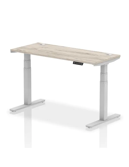 Dynamic Air 1400 x 600mm Height Adjustable Office Desk Grey Oak Top Cable Ports Silver Leg HA01178