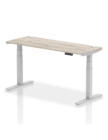 Dynamic Air 1600 x 600mm Height Adjustable Office Desk Grey Oak Top Cable Ports Silver Leg HA01179