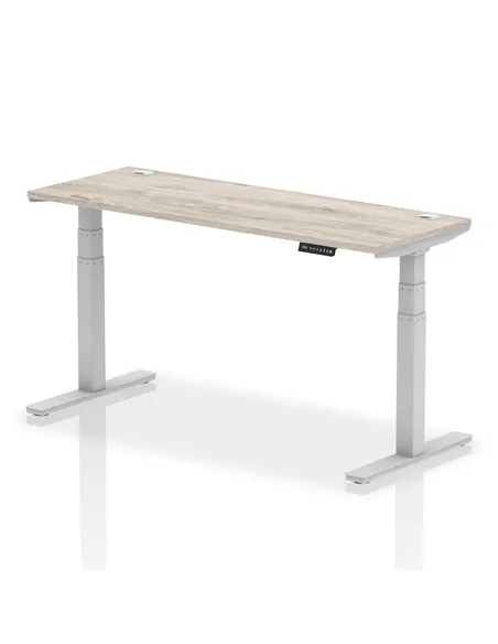 Dynamic Air 1600 x 600mm Height Adjustable Office Desk Grey Oak Top Cable Ports Silver Leg HA01179