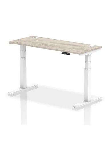 Dynamic Air 1400 x 600mm Height Adjustable Office Desk Grey Oak Top Cable Ports White Leg HA01182