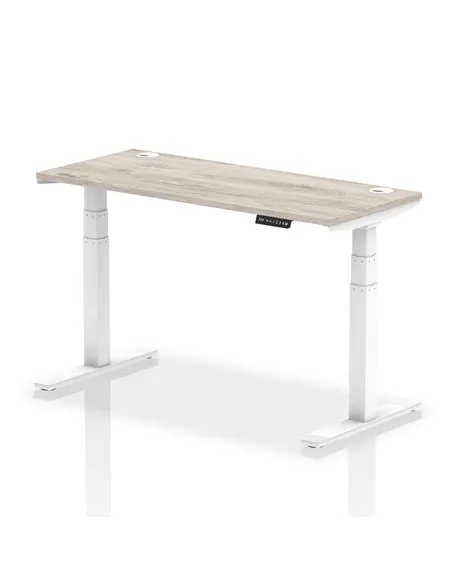 Dynamic Air 1400 x 600mm Height Adjustable Office Desk Grey Oak Top Cable Ports White Leg HA01182