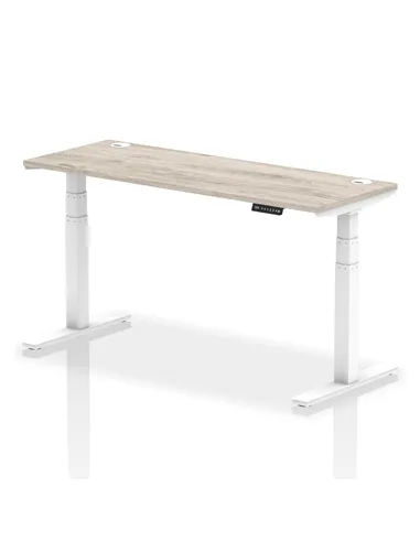 Dynamic Air 1600 x 600mm Height Adjustable Office Desk Grey Oak Top Cable Ports White Leg HA01183
