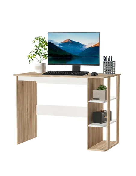 HOMCOM Computer Desk, Writing Desk with 3-Tier Storage Shelf, Work Table for Home Office, Study, Living Room, Oak and White