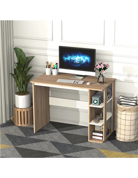 HOMCOM Computer Desk, Writing Desk with 3-Tier Storage Shelf, Work Table for Home Office, Study, Living Room, Oak and White