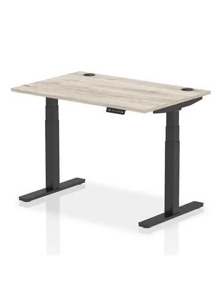 Dynamic Air 1200 x 800mm Height Adjustable Office Desk Grey Oak Top Cable Ports Black Leg HA01249