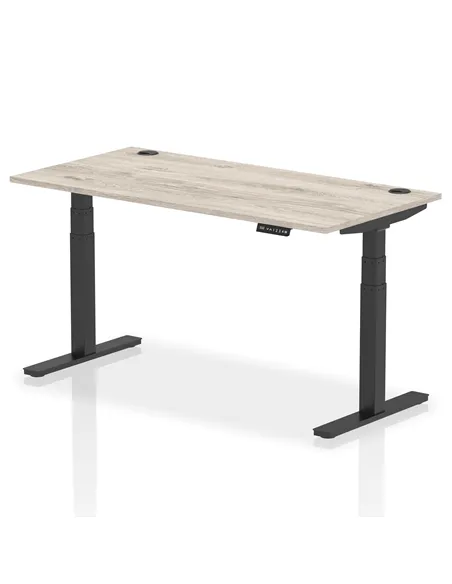 Dynamic Air 1600 x 800mm Height Adjustable Office Desk Grey Oak Top Cable Ports Black Leg HA01251