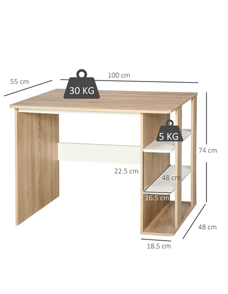 HOMCOM Computer Desk, Writing Desk with 3-Tier Storage Shelf, Work Table for Home Office, Study, Living Room, Oak and White